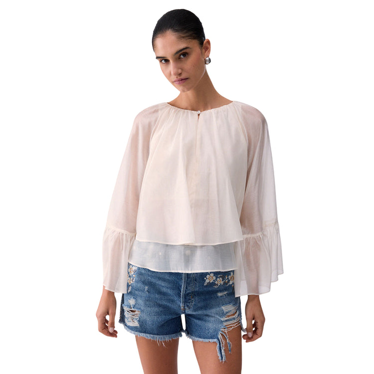 Blusa Donna Bianca con scollo a goccia e balze