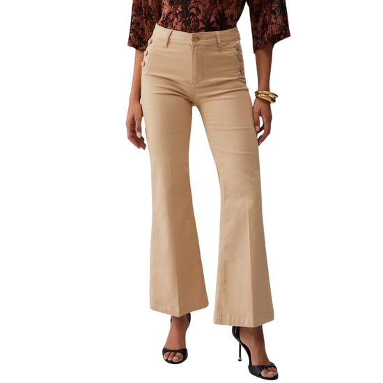 Jeans flare beige con bottoni laterali 