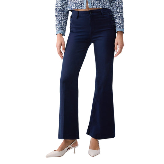 Pantalone di cotone flare con bottoni logati in blu
