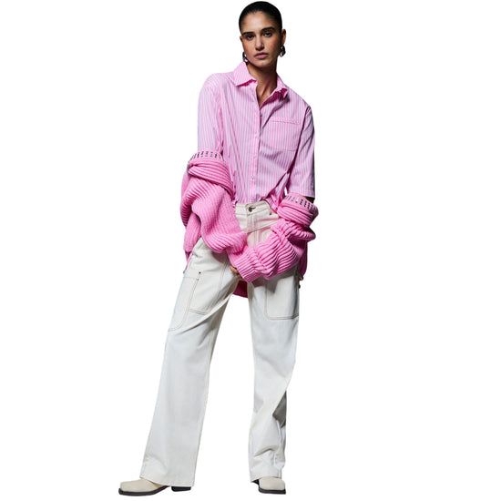 Camicia rosa con righe bianche a mezze maniche