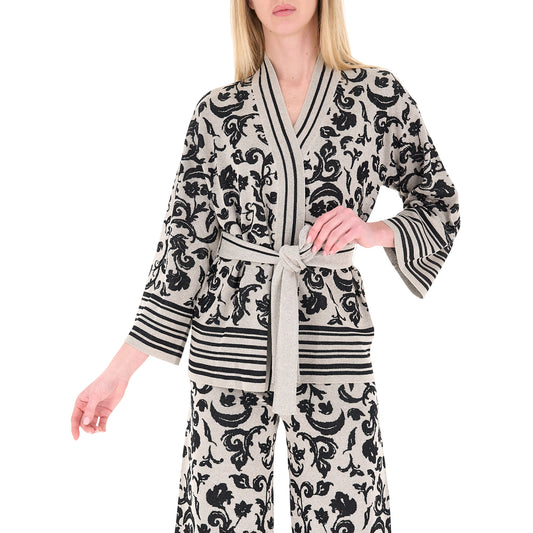 Cardigan in maglia stampa floreale con cinta