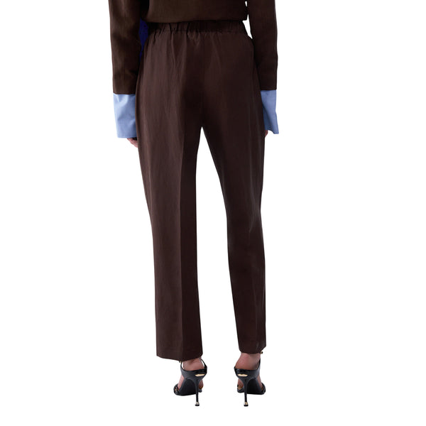 Pantalone con cinta elastica in misto lino in marrone