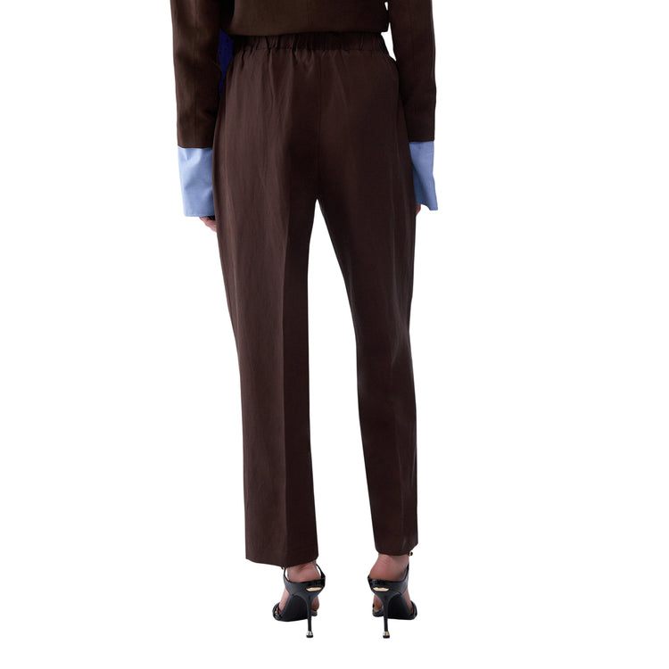 Pantalone con cinta elastica in misto lino in marrone