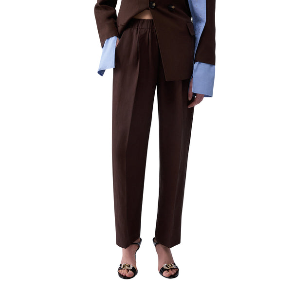 Pantalone con cinta elastica in misto lino in marrone
