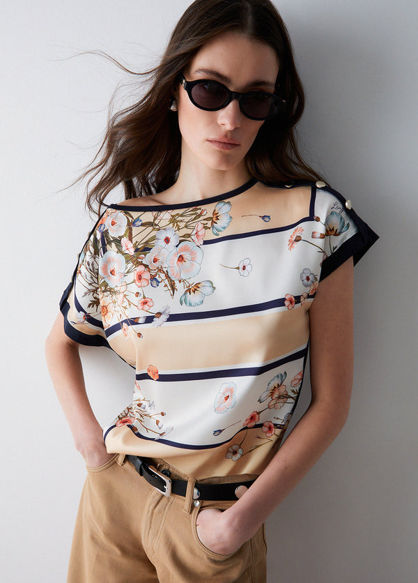 T-shirt floreale donna con inserto in twill stampato