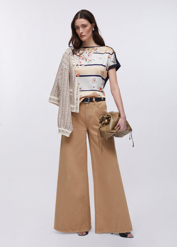 T-shirt floreale donna con inserto in twill stampato