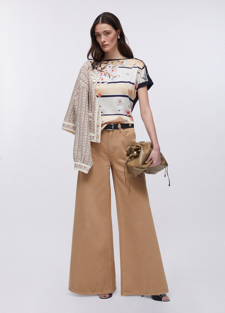 T-shirt floreale donna con inserto in twill stampato