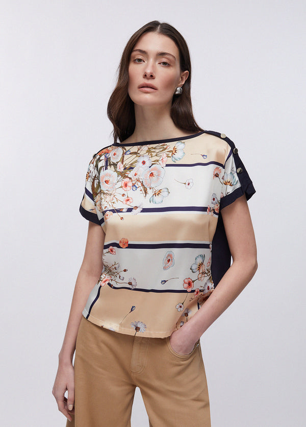 T-shirt floreale donna con inserto in twill stampato
