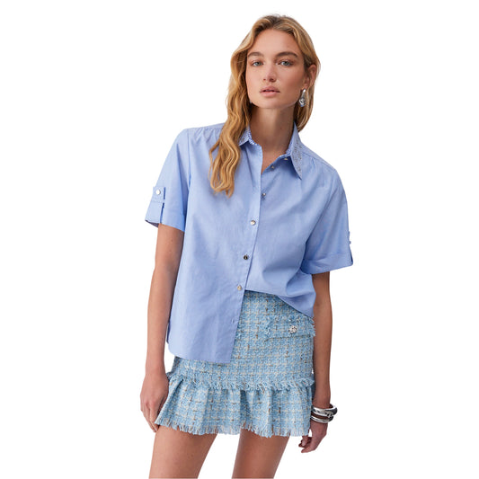 Camicia Donna a mezza manica con strass modella frontale