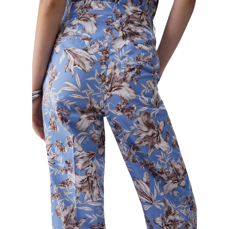 Pantaloni a palazzo azzurri con stampa a fiori in popeline