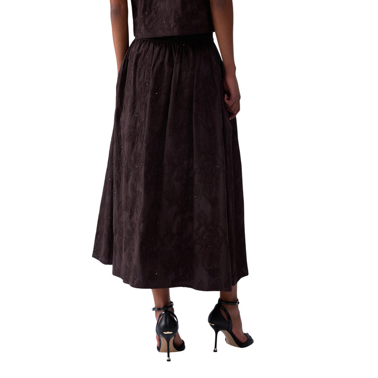 Gonna da donna in mussola di cotone con ricami in marrone