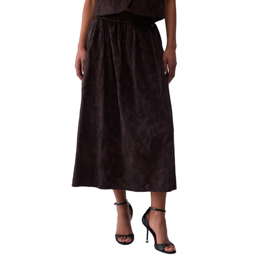 Gonna da donna in mussola di cotone con ricami in marrone