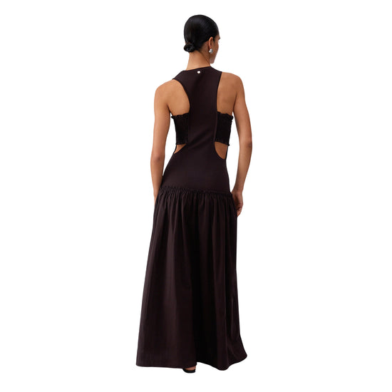Abito lungo da donna con cut out in marrone