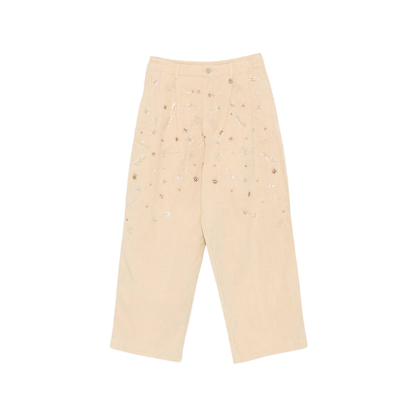 Pantalone Donna Beige, con pinces, ricami e strass