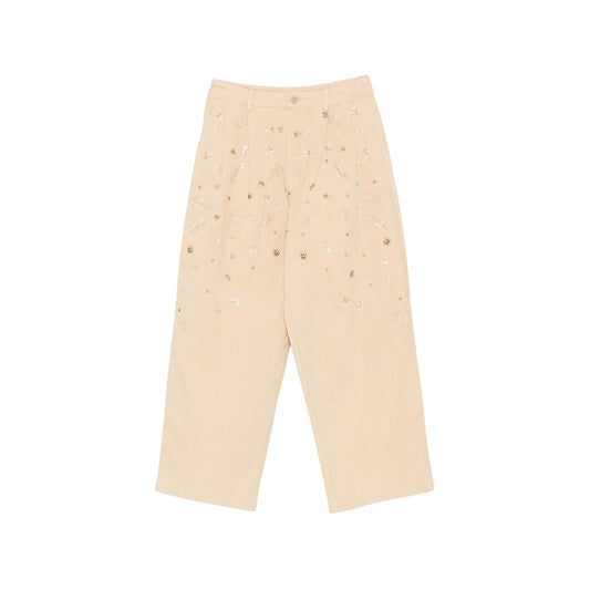 Pantalone Donna Beige, con pinces, ricami e strass