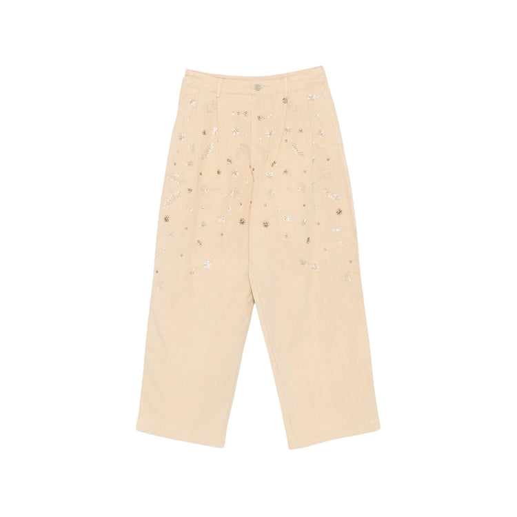 Pantalone Donna Beige, con pinces, ricami e strass