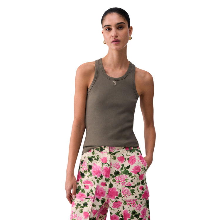 Top a costine verde oliva con mini logo 