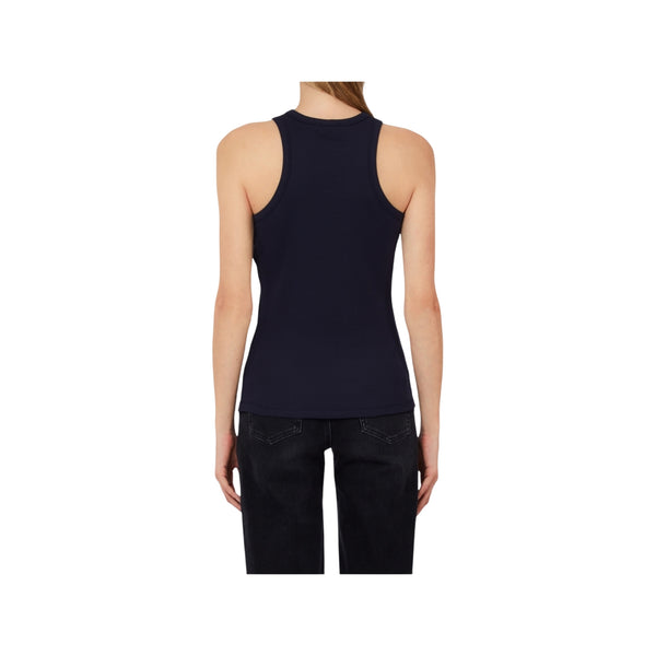 Canottiera blu a costine con logo metallico