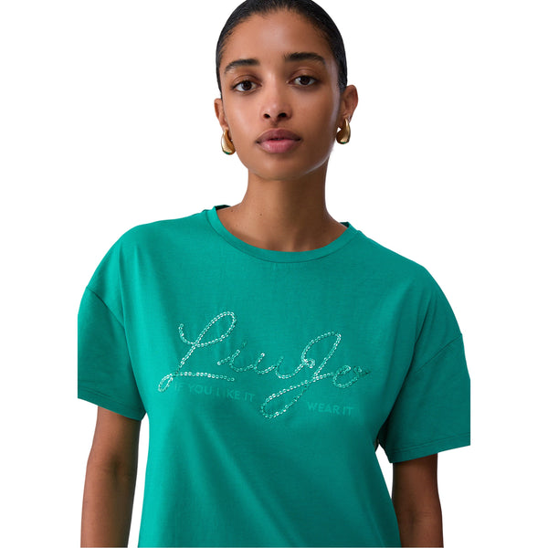 T-shirt Donna con logo con strass Verde modella frontale ravvicinata 