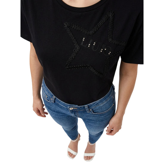 T-shirt nera da donna con stella ricamata