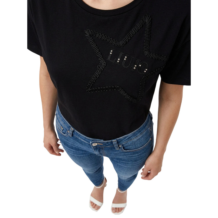 T-shirt nera da donna con stella ricamata