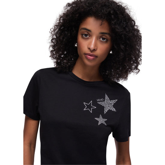 T-shirt in puro cotone con applicazioni strass in nero