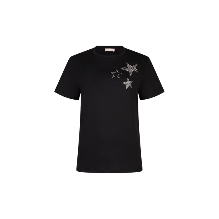 T-shirt in puro cotone con applicazioni strass in nero