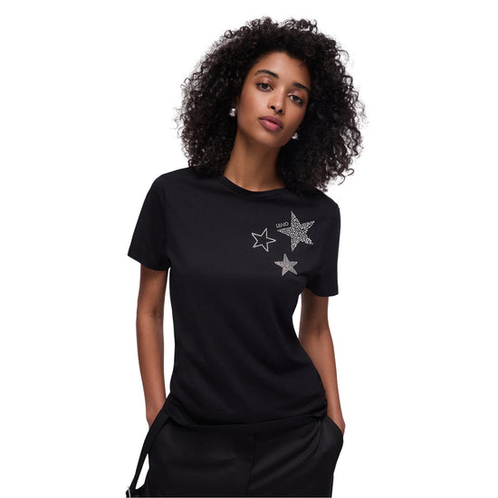 T-shirt in puro cotone con applicazioni strass in nero