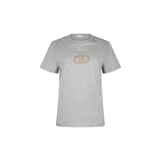 T-shirt da donna di cotone con applicazioni strass in grigio