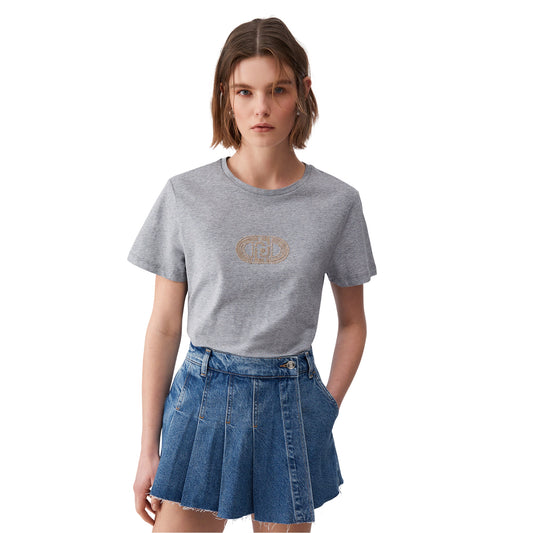 T-shirt da donna di cotone con applicazioni strass in grigio