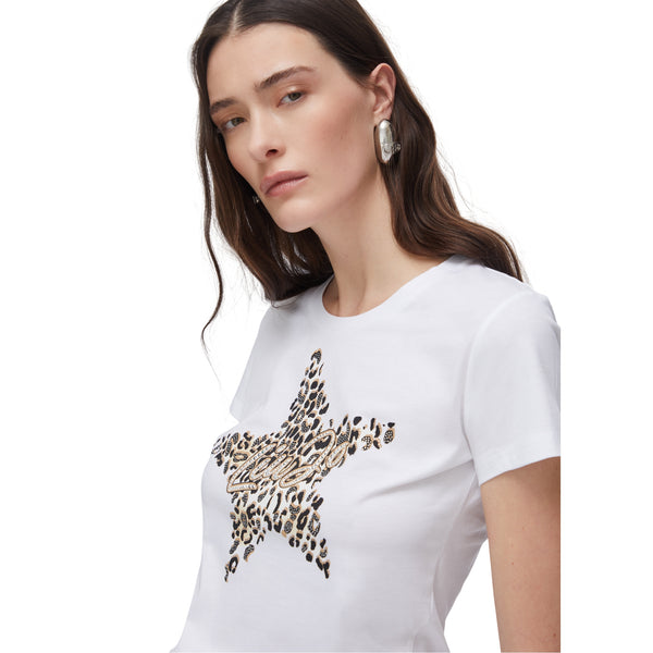 T-shirt donna con stampa stella e strass bianca