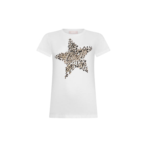 T-shirt donna con stampa stella e strass bianca