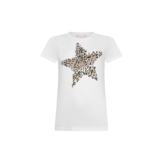 T-shirt donna con stampa stella e strass bianca