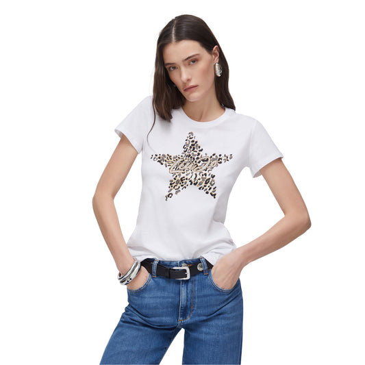 T-shirt donna con stampa stella e strass bianca