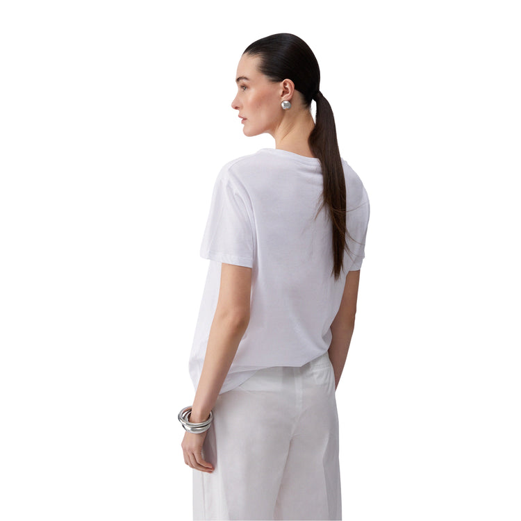 T-shirt in cotone con strass e grafica frontale in bianco