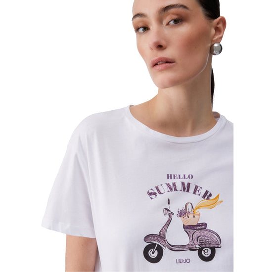 T-shirt in cotone con strass e grafica frontale in bianco