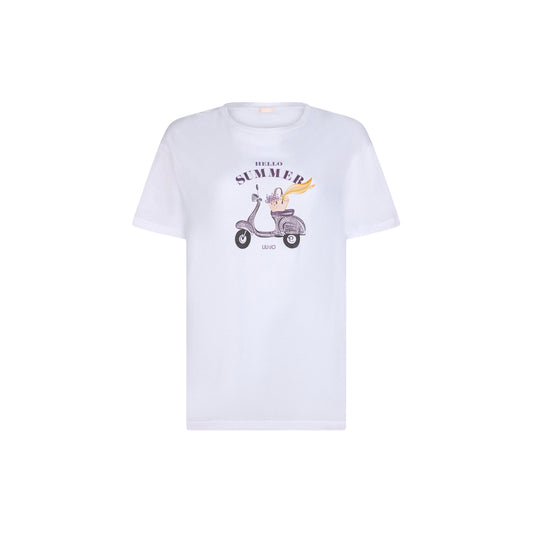 T-shirt in cotone con strass e grafica frontale in bianco