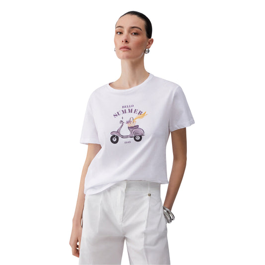 T-shirt in cotone con strass e grafica frontale in bianco