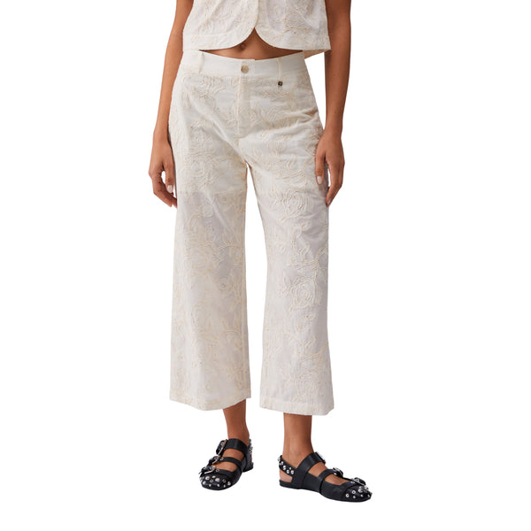 Pantaloni in mussola ricamati con micro paillettes 