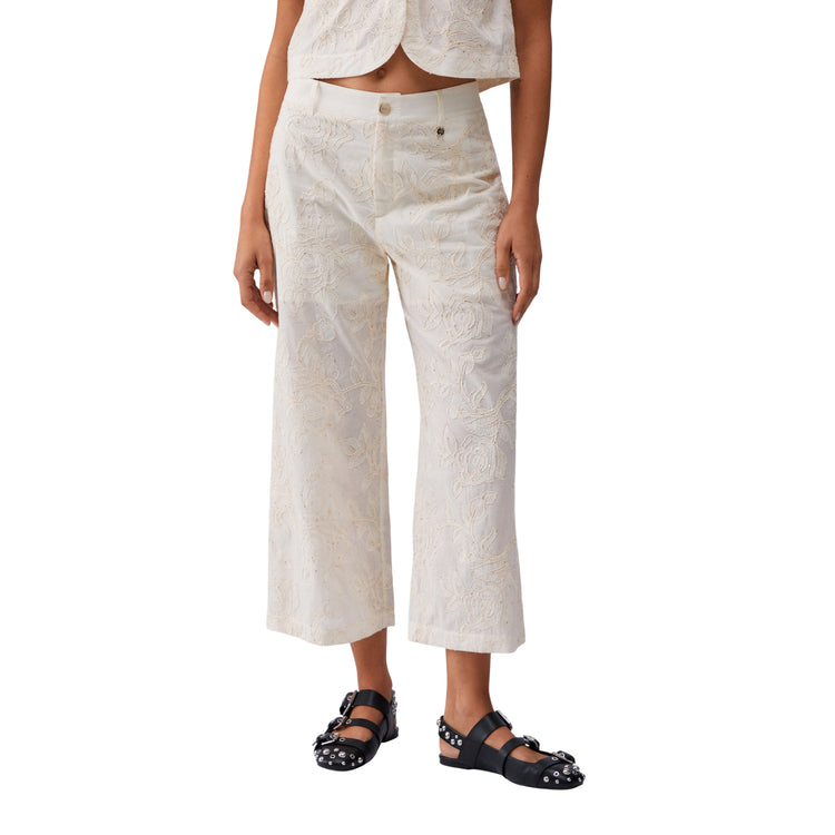 Pantaloni in mussola ricamati con micro paillettes 