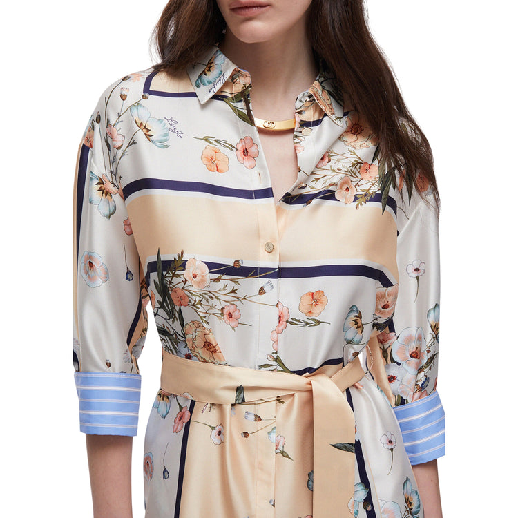 Abito corto in twill con stampa e cinta