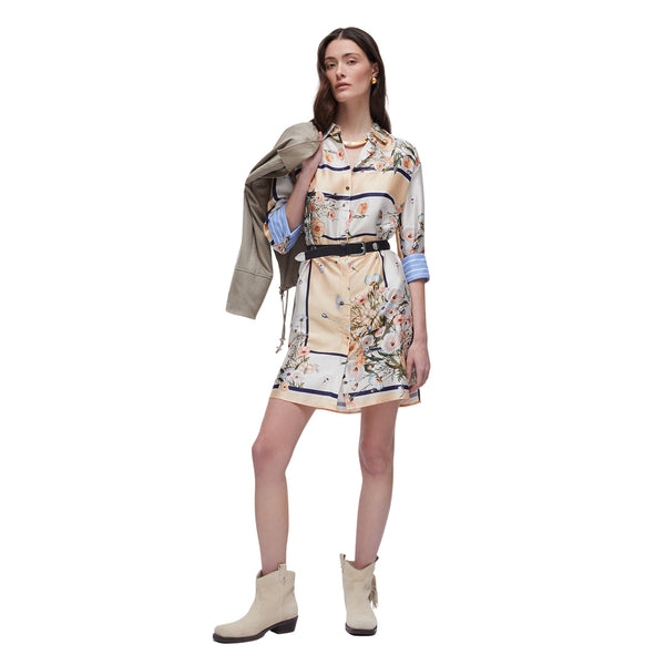 Abito corto in twill con stampa e cinta