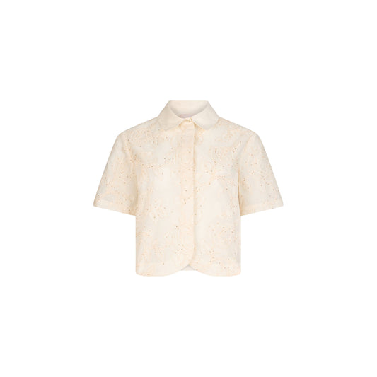 Camicia a maniche corte di cotone con ricami in bianco