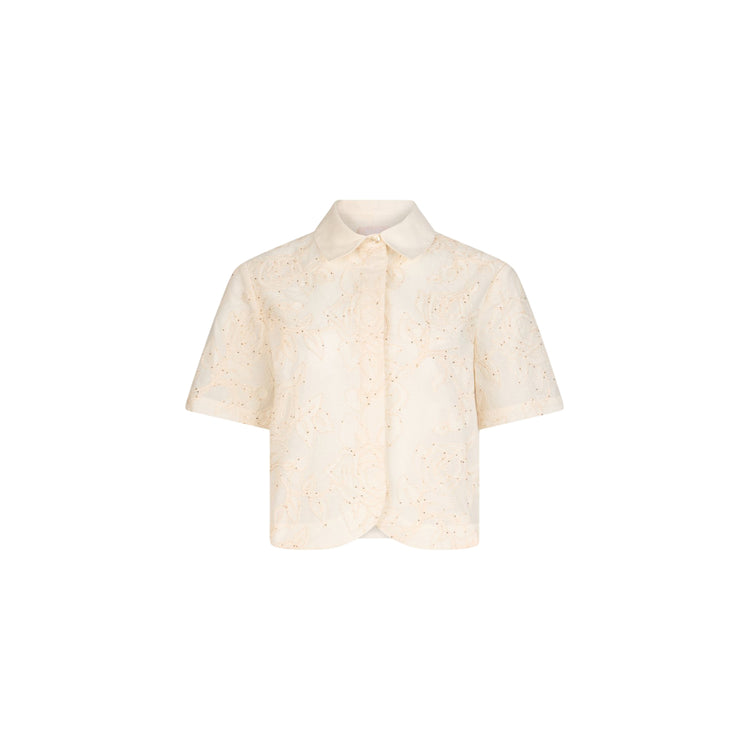 Camicia a maniche corte di cotone con ricami in bianco
