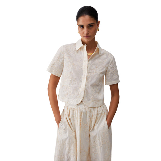 Camicia a maniche corte di cotone con ricami in bianco