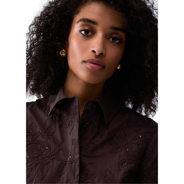 Camicia a maniche corte con ricami e paillettes in marrone