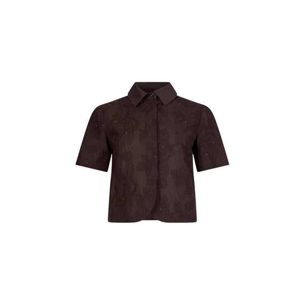 Camicia a maniche corte con ricami e paillettes in marrone