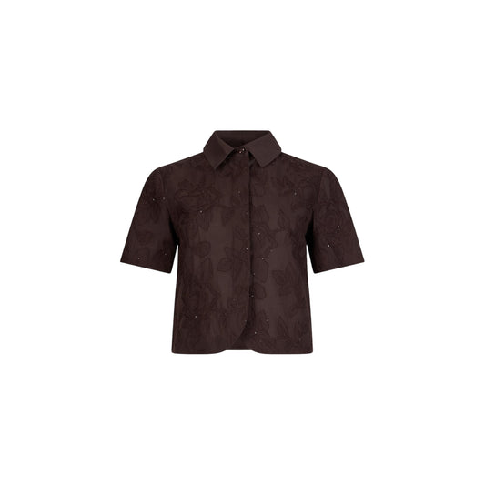 Camicia a maniche corte con ricami e paillettes in marrone