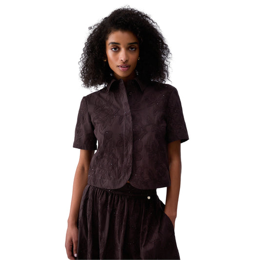 Camicia a maniche corte con ricami e paillettes in marrone