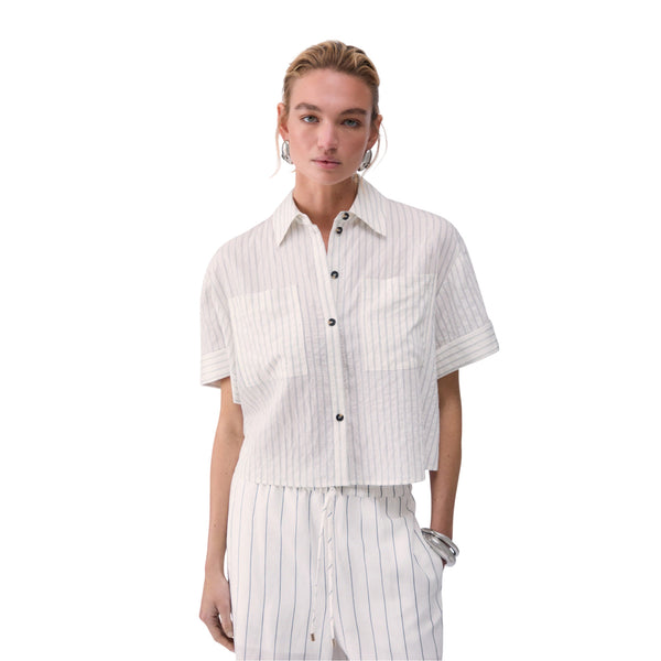 Camicia Donna a manica corta a righe modella frontale